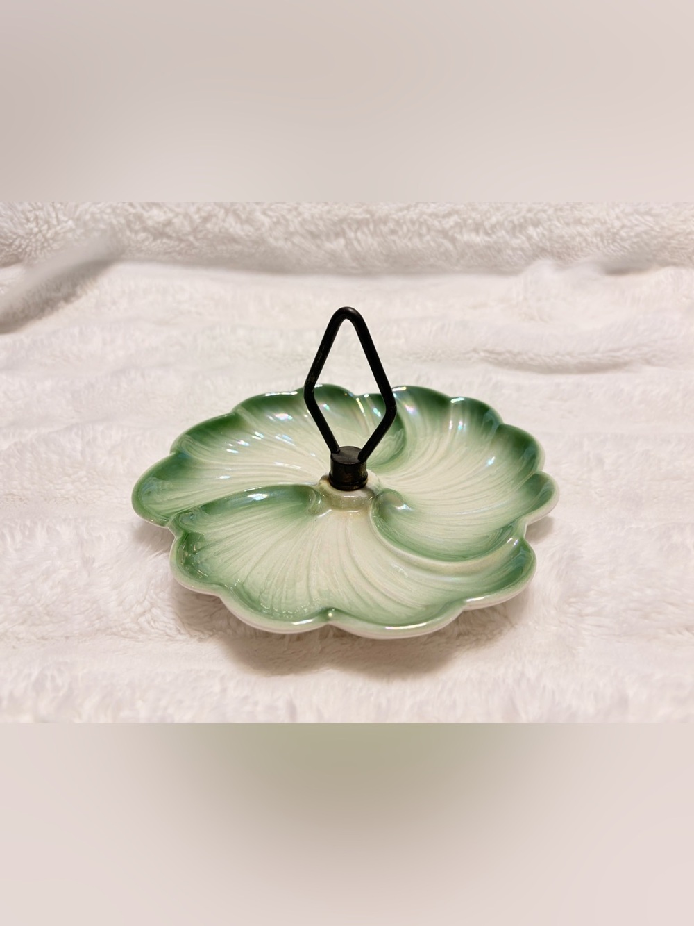 Vintage California Pottery MCM Retro Green White Divided Tray W/Handle